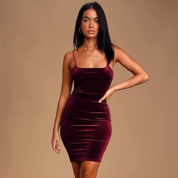 LULU's Women’s Avion Mini Slip Dress Velvet Cowl Neck Maroon Burgundy bodycon XS - Picture 5 of 16